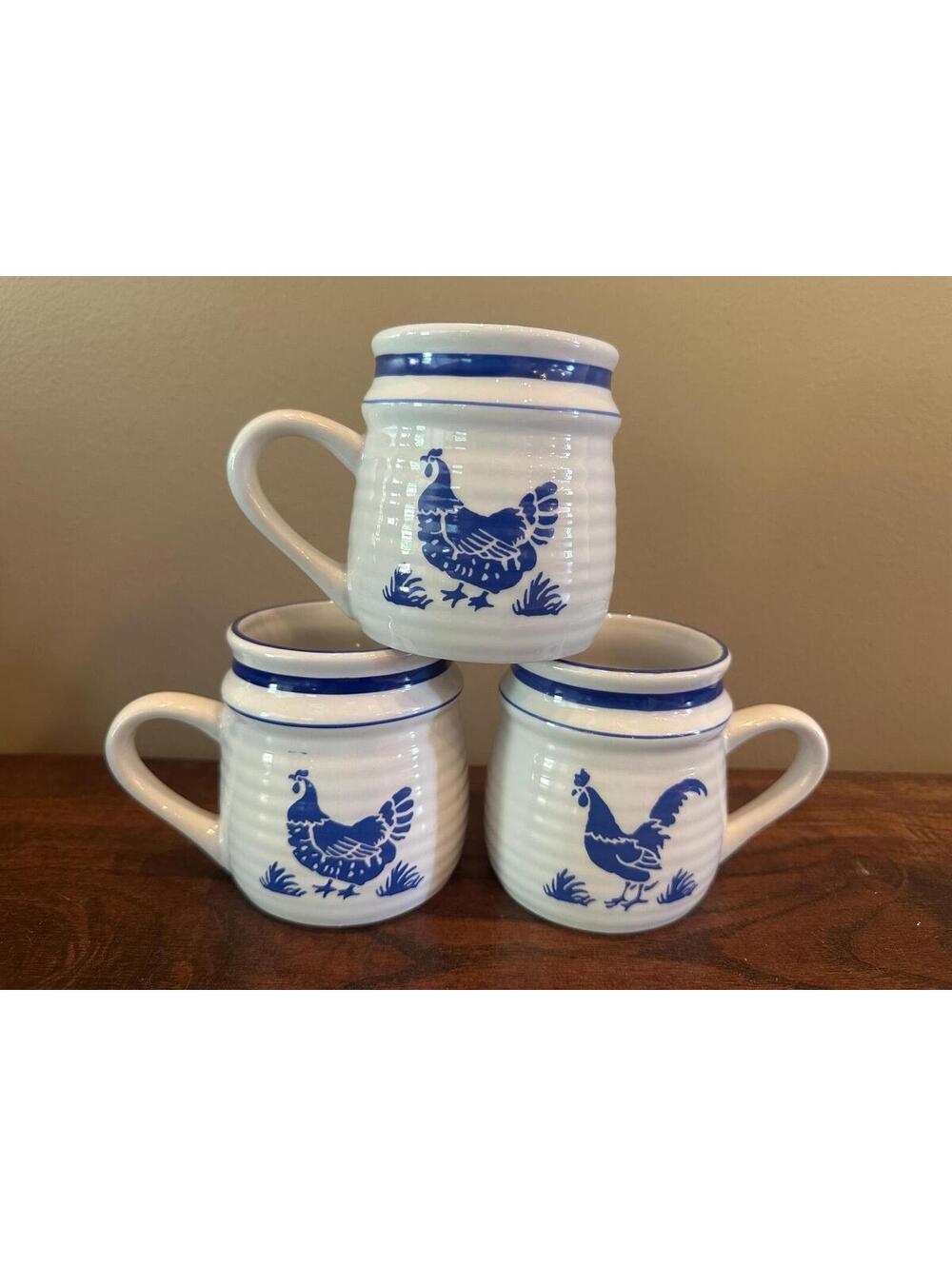 Vintage B.I. Inc Blue Rooster Hen Mugs Set of 3